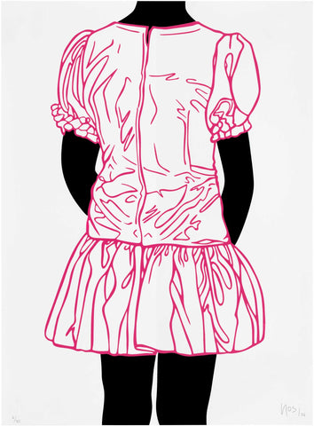 Serigrafía original de Ana Mercedes Hoyos con niña negra de espalda con vestido de líneas rosadas